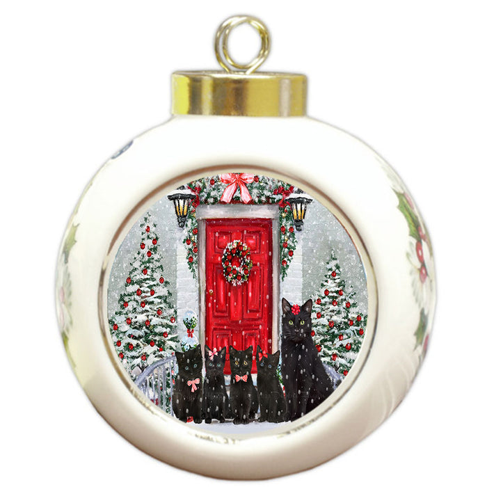 Christmas Holiday Welcome Black Cats Round Ball Christmas Ornament Pet Decorative Hanging Ornaments for Christmas X-mas Tree Decorations - 3" Round Ceramic Ornament