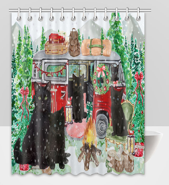 Christmas Time Camping with Black Cats Shower Curtain Pet Painting Bathtub Curtain Waterproof Polyester One-Side Printing Decor Bath Tub Curtain for Bathroom with Hooks