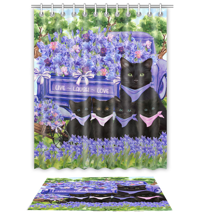 Black Cat Shower Curtain & Bath Mat Set - Explore a Variety of Personalized Designs - Custom Rug and Curtains with hooks for Bathroom Decor - Pet and Cats Lovers Gift