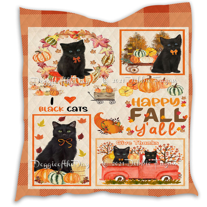 Happy Fall Y'all Pumpkin Black Cats Quilt Bed Coverlet Bedspread - Pets Comforter Unique One-side Animal Printing - Soft Lightweight Durable Washable Polyester Quilt