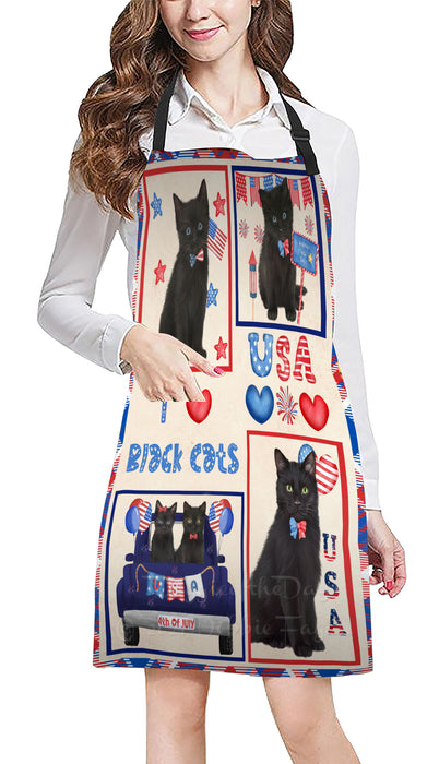 4th of July Independence Day I Love USA Black Cats Apron - Adjustable Long Neck Bib for Adults - Waterproof Polyester Fabric With 2 Pockets - Chef Apron for Cooking, Dish Washing, Gardening, and Pet Grooming