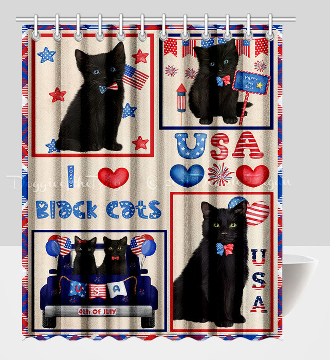 4th of July Independence Day I Love USA Black Cats Shower Curtain Pet Painting Bathtub Curtain Waterproof Polyester One-Side Printing Decor Bath Tub Curtain for Bathroom with Hooks