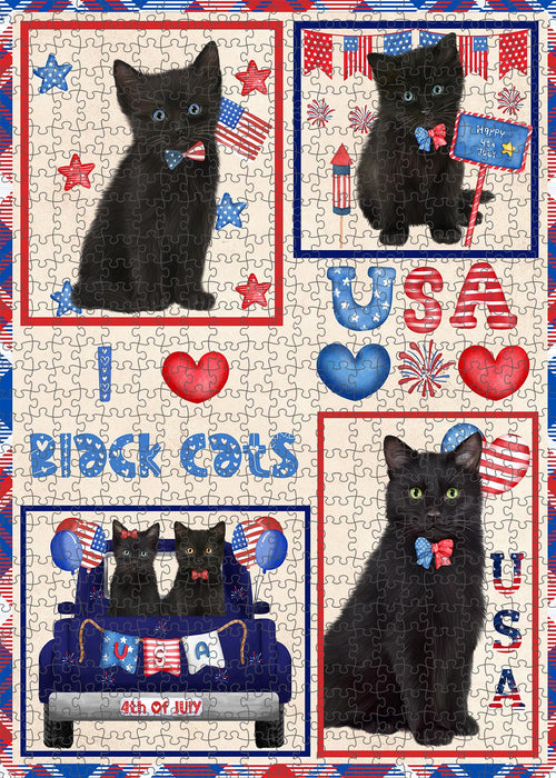 4th of July Independence Day I Love USA Black Cats Portrait Jigsaw Puzzle for Adults Animal Interlocking Puzzle Game Unique Gift for Dog Lover's with Metal Tin Box