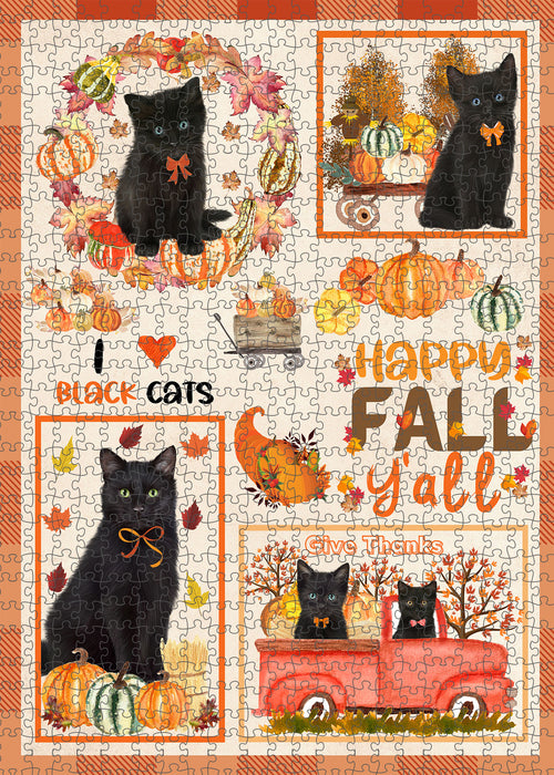 Happy Fall Y'all Pumpkin Black Cats Portrait Jigsaw Puzzle for Adults Animal Interlocking Puzzle Game Unique Gift for Dog Lover's with Metal Tin Box