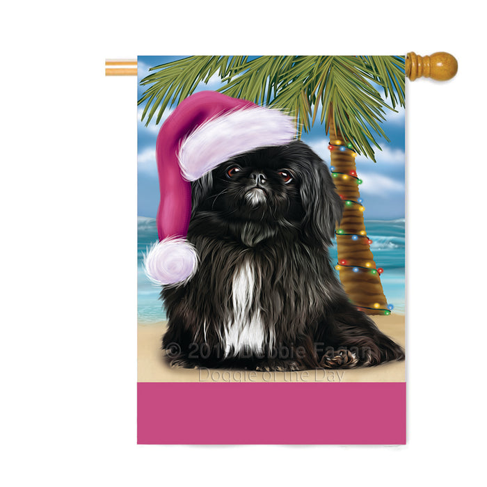 Personalized Summertime Happy Holidays Christmas Pekingne Dog on Tropical Island Beach Custom House Flag FLG-DOTD-A60471