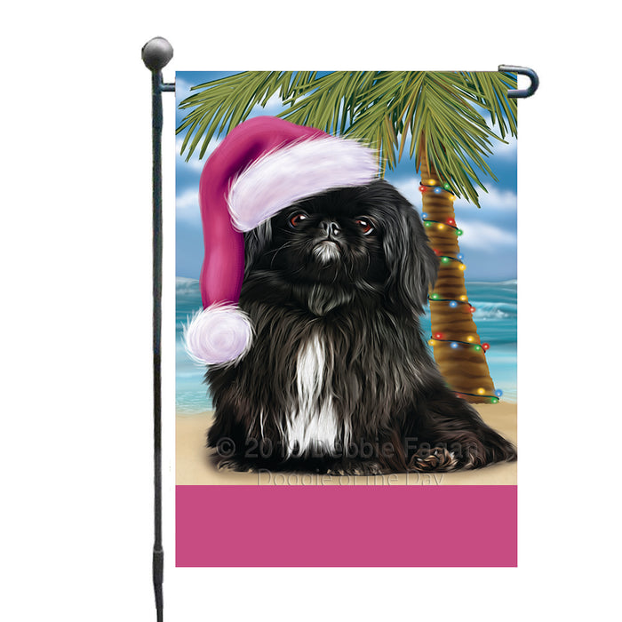 Personalized Summertime Happy Holidays Christmas Pekingne Dog on Tropical Island Beach  Custom Garden Flags GFLG-DOTD-A60415