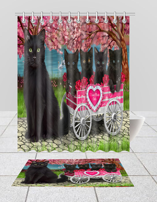 I Love Black Cats in a Cart Bath Mat and Shower Curtain Combo