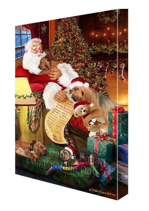 Bloodhound Dog and Puppies Sleeping with Santa Canvas Wall Art