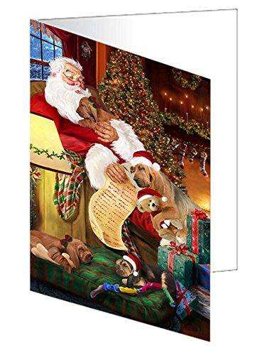 Bloodhound Dog and Puppies Sleeping with Santa Handmade Artwork Assorted Pets Greeting Cards and Note Cards with Envelopes for All Occasions and Holiday Seasons
