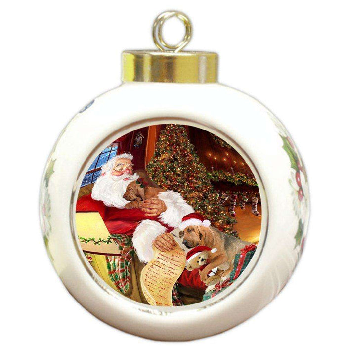 Bloodhound Dog and Puppies Sleeping with Santa Round Ball Christmas Ornament D473