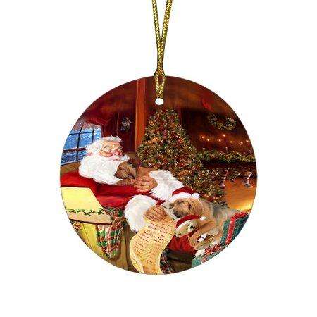 Bloodhound Dog and Puppies Sleeping with Santa Round Christmas Ornament D401