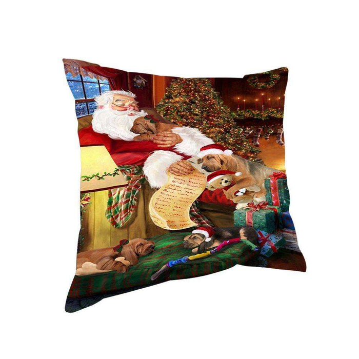 Bloodhound Dog and Puppies Sleeping with Santa Throw Pillow