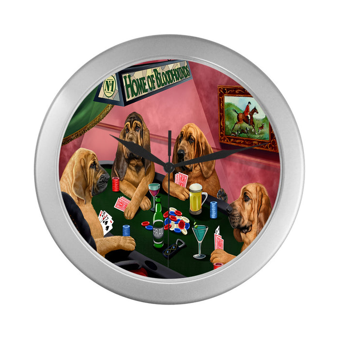 Home of Bloodhound Dogs Playing Poker Silver Wall Clocks