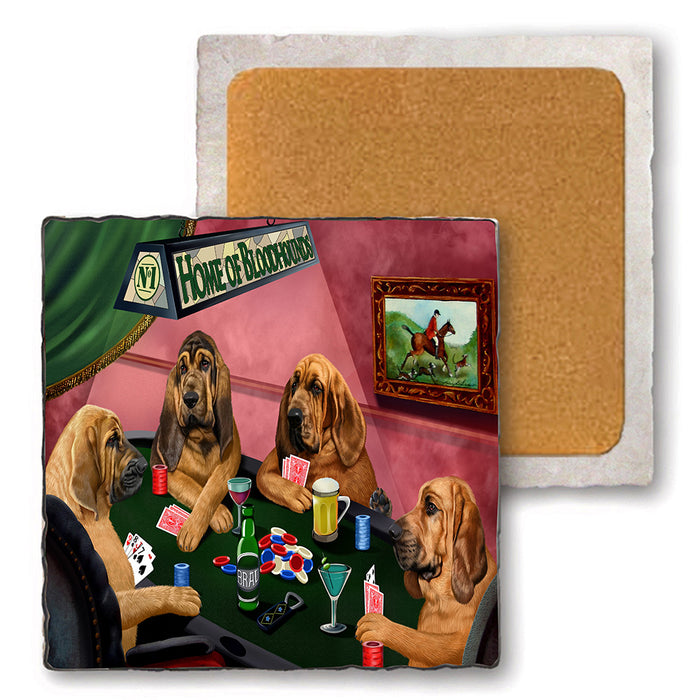 Set of 4 Natural Stone Marble Tile Coasters - Home of Bloodhound 4 Dogs Playing Poker MCST48007