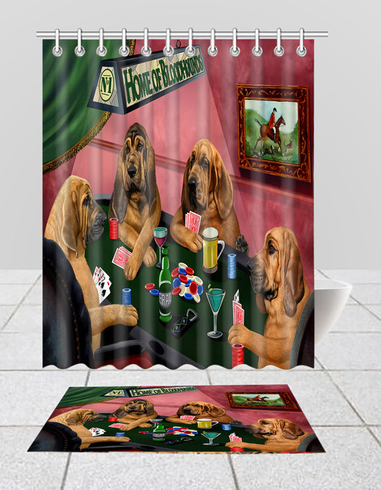 Home of  Bloodhound Dogs Playing Poker Bath Mat and Shower Curtain Combo