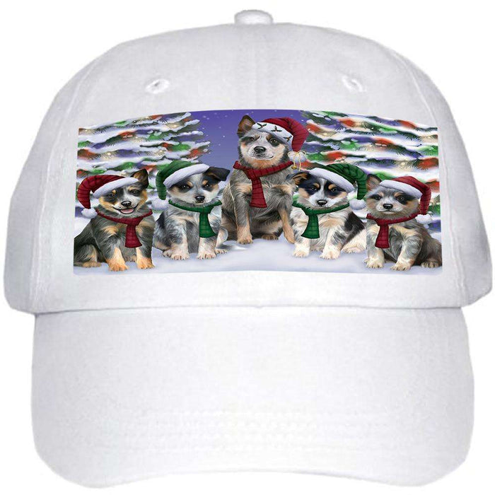 Blue Heelers Dog Christmas Family Portrait in Holiday Scenic Background Ball Hat Cap HAT61860