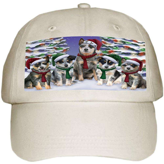 Blue Heelers Dog Christmas Family Portrait in Holiday Scenic Background Ball Hat Cap HAT61860