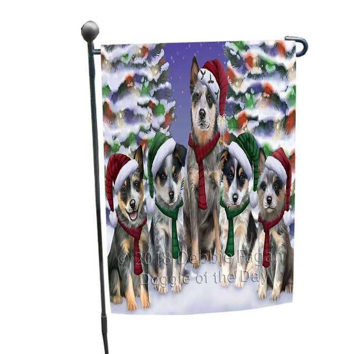 Blue Heelers Dog Christmas Family Portrait in Holiday Scenic Background Garden Flag GFLG52654