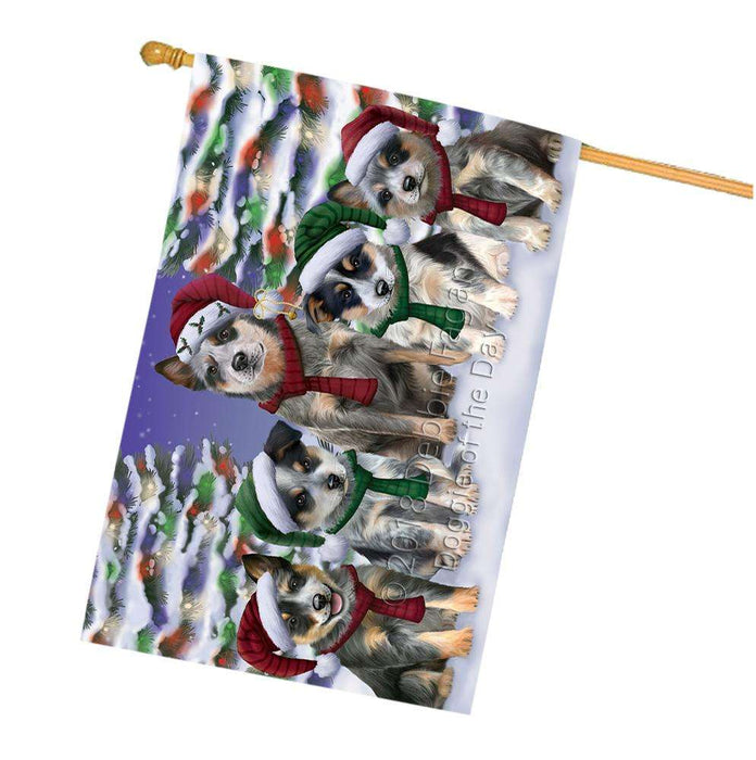 Blue Heelers Dog Christmas Family Portrait in Holiday Scenic Background House Flag FLG52790