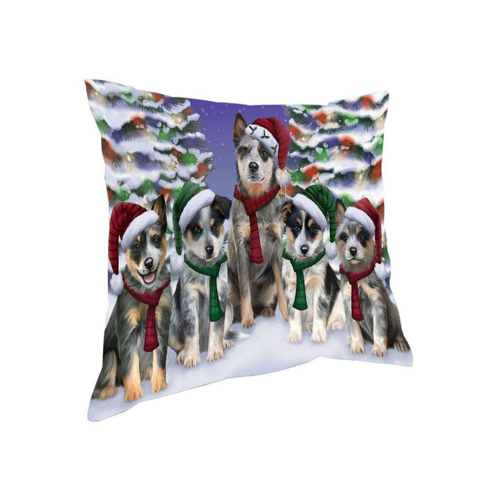Blue Heelers Dog Christmas Family Portrait in Holiday Scenic Background Pillow PIL66992