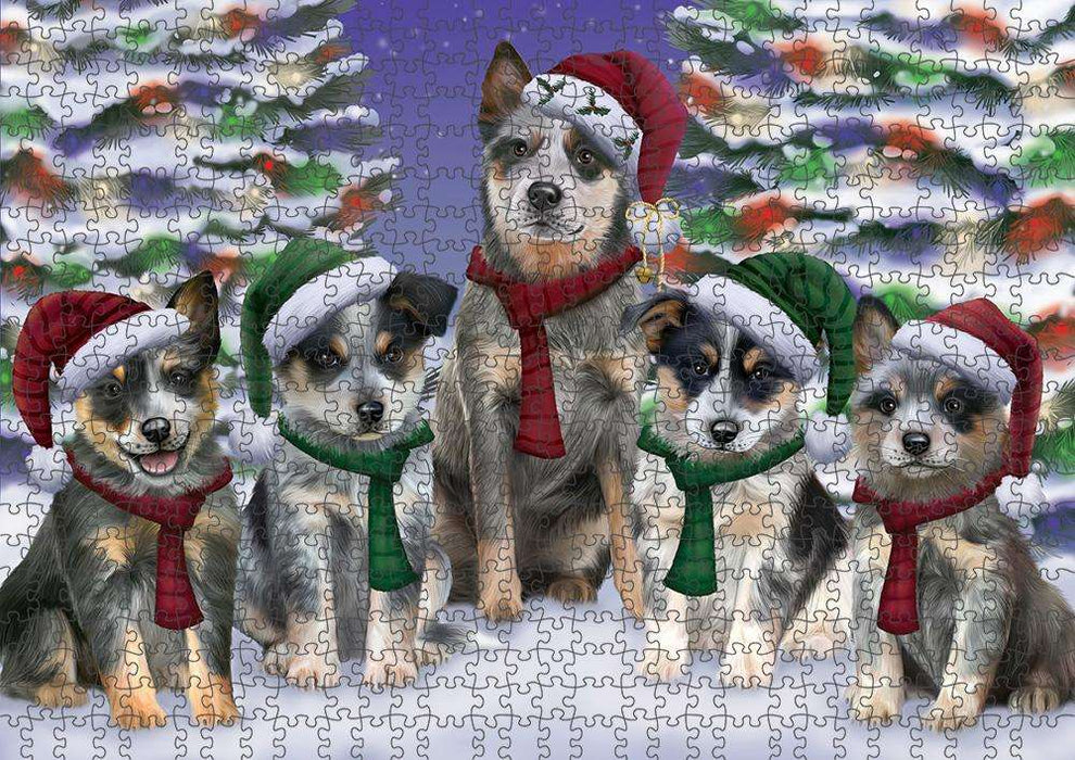 Blue Heelers Dog Christmas Family Portrait in Holiday Scenic Background Puzzle with Photo Tin PUZL62058