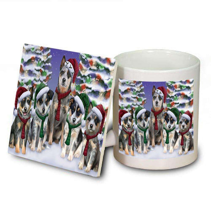 Blue Heelers Dog Christmas Family Portrait in Holiday Scenic Background  Mug and Coaster Set MUC52701
