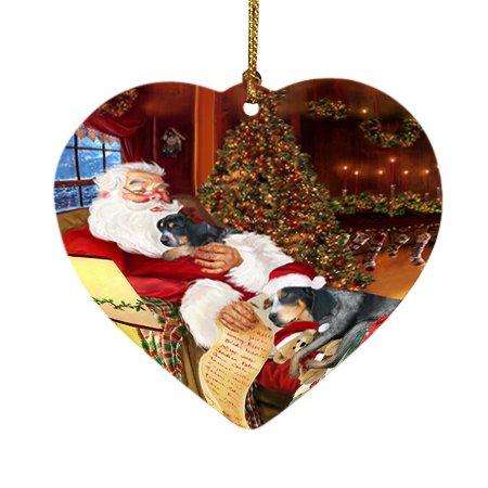 Bluetick Coonhound Dog and Puppies Sleeping with Santa Heart Christmas Ornament D403