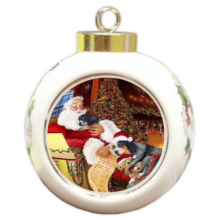 Bluetick Coonhound Dog and Puppies Sleeping with Santa Round Ball Christmas Ornament D474