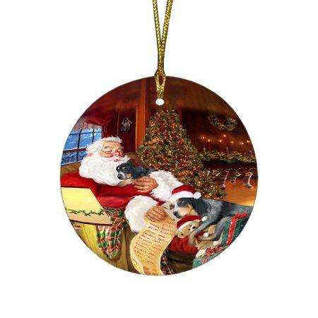 Bluetick Coonhound Dog and Puppies Sleeping with Santa Round Christmas Ornament D402