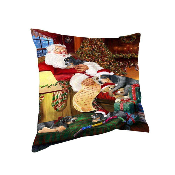 Bluetick Coonhound Dog and Puppies Sleeping with Santa Throw Pillow