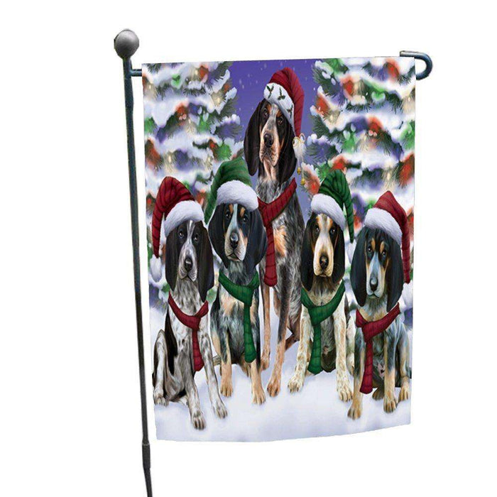 Bluetick Coonhound Dog Christmas Family Portrait in Holiday Scenic Background Garden Flag