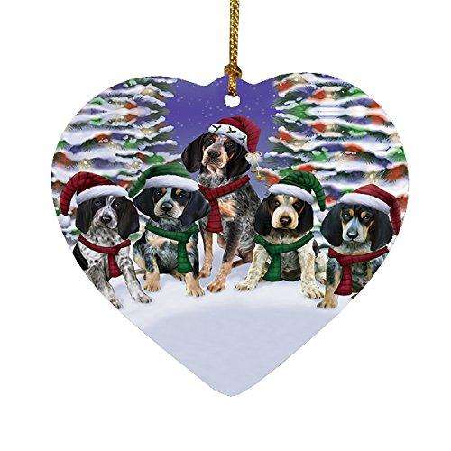 Bluetick Coonhound Dog Christmas Family Portrait in Holiday Scenic Background Heart Ornament