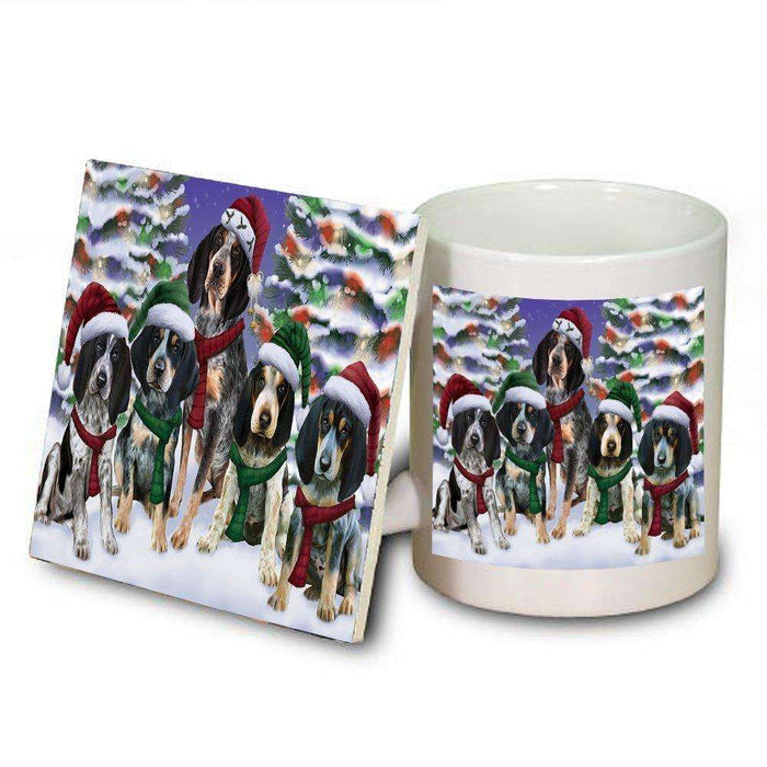 Bluetick Coonhound Dog Christmas Family Portrait in Holiday Scenic Background Mug and Coaster Set