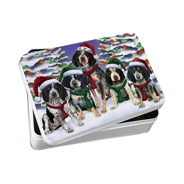 Bluetick Coonhound Dog Christmas Family Portrait in Holiday Scenic Background Photo Storage Tin