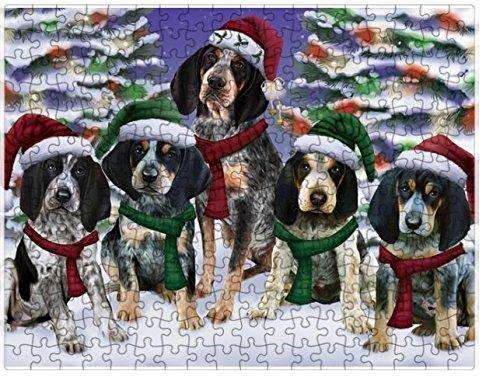 Bluetick Coonhound Dog Christmas Family Portrait in Holiday Scenic Background Puzzle with Photo Tin