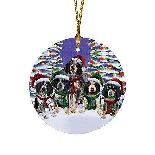 Bluetick Coonhound Dog Christmas Family Portrait in Holiday Scenic Background Round Ornament