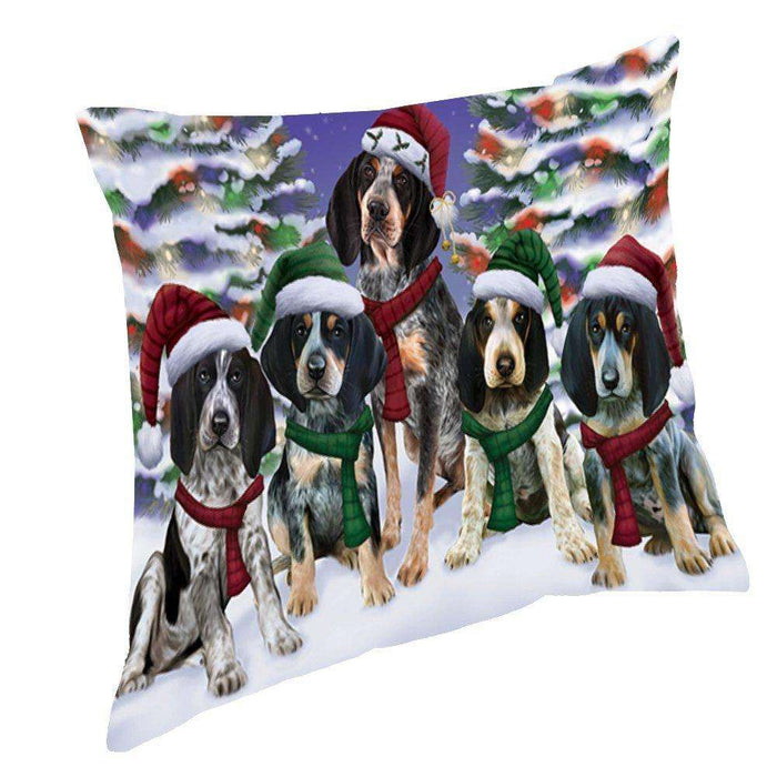 Bluetick Coonhound Dog Christmas Family Portrait in Holiday Scenic Background Throw Pillow
