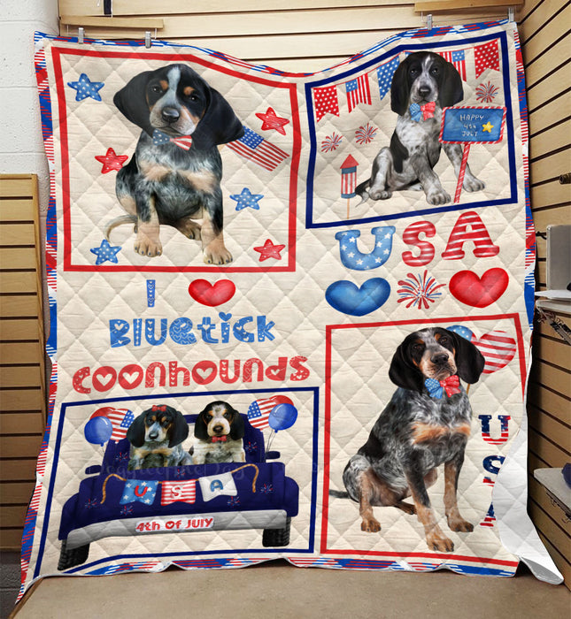 4th of July Independence Day I Love USA Bluetick Coonhound Dogs Quilt Bed Coverlet Bedspread - Pets Comforter Unique One-side Animal Printing - Soft Lightweight Durable Washable Polyester Quilt