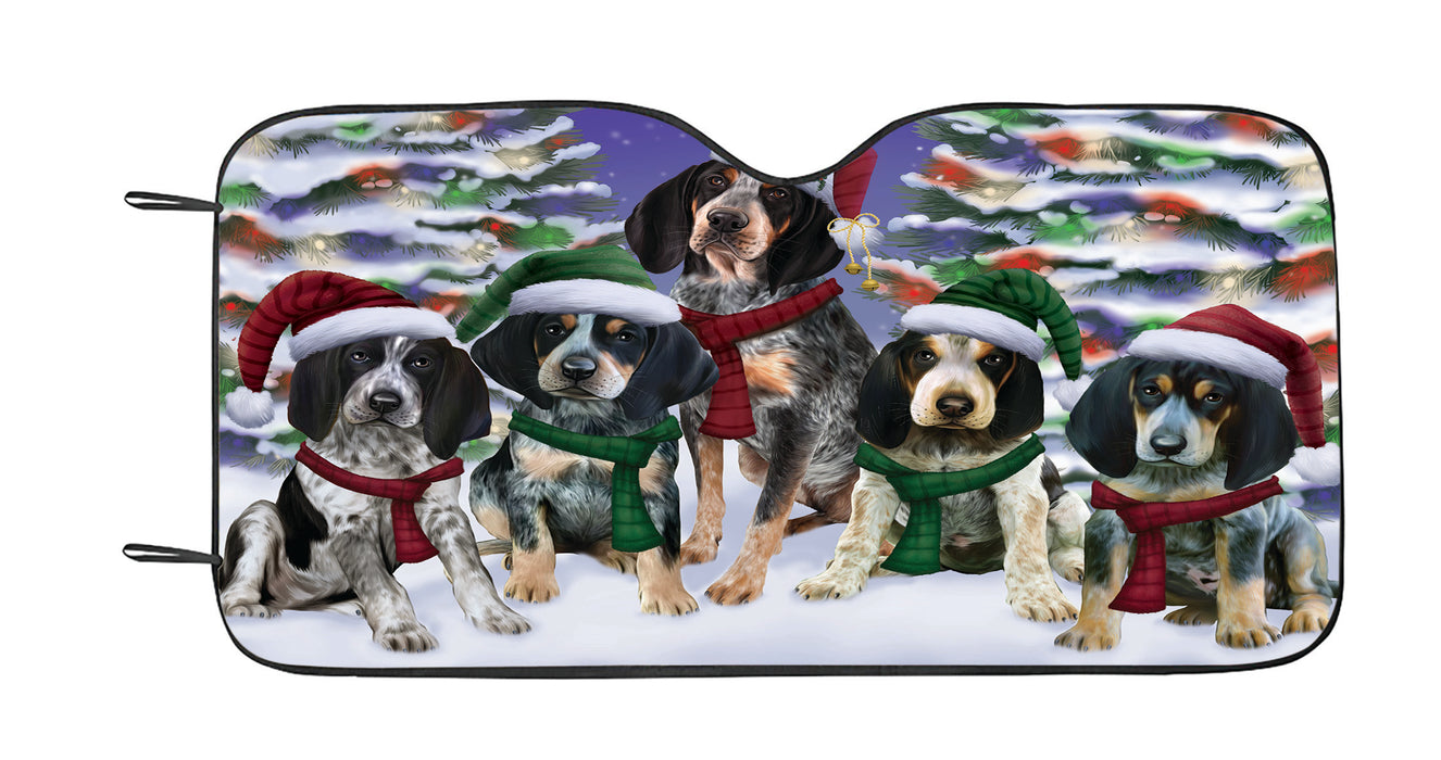 Bluetick Coonhound Dogs Christmas Family Portrait in Holiday Scenic Background Car Sun Shade