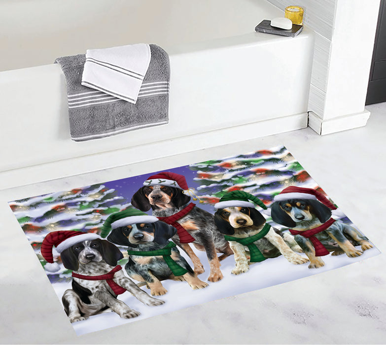 Bluetick Coonhound Dogs Christmas Family Portrait in Holiday Scenic Background Bath Mat