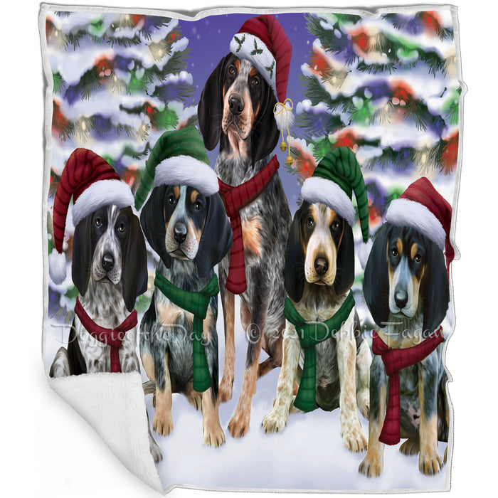 Bluetick Coonhound Dog Christmas Family Portrait in Holiday Scenic Background Art Portrait Print Woven Throw Sherpa Plush Fleece Blanket
