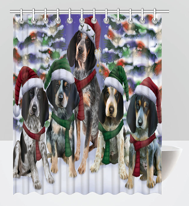 Bluetick Coonhound Dogs Christmas Family Portrait in Holiday Scenic Background Shower Curtain