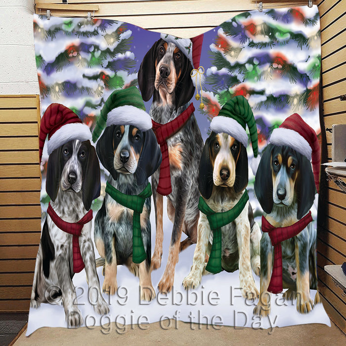 Bluetick Coonhound Dogs Christmas Family Portrait in Holiday Scenic Background Quilt