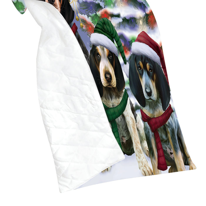 Bluetick Coonhound Dogs Christmas Family Portrait in Holiday Scenic Background Quilt