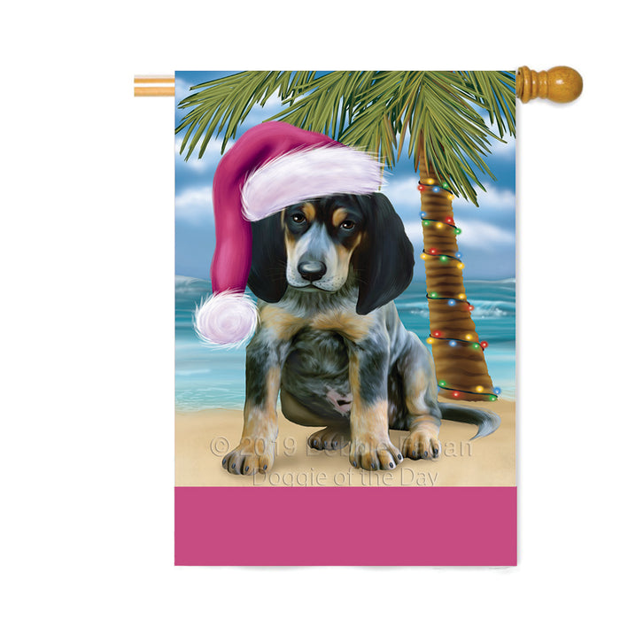 Personalized Summertime Happy Holidays Christmas Bluetick Coonhound Dog on Tropical Island Beach Custom House Flag FLG-DOTD-A60473
