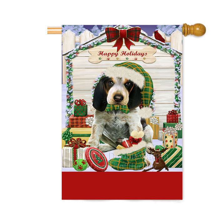 Personalized Happy Holidays Christmas Bluetick Coonhound Dog House with Presents Custom House Flag FLG-DOTD-A59334