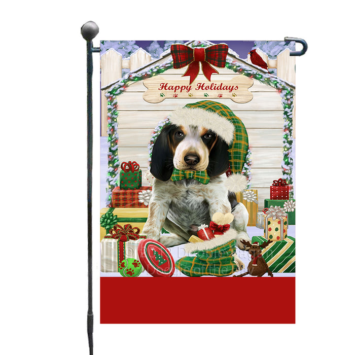 Personalized Happy Holidays Christmas Bluetick Coonhound Dog House with Presents Custom Garden Flags GFLG-DOTD-A59278
