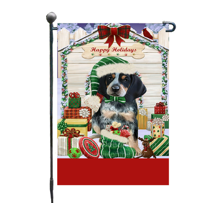 Personalized Happy Holidays Christmas Bluetick Coonhound Dog House with Presents Custom Garden Flags GFLG-DOTD-A59279
