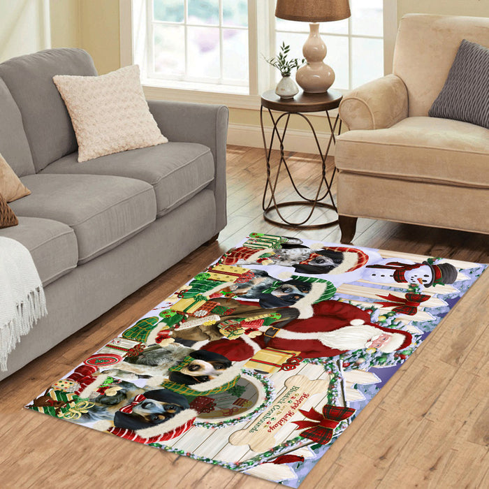 Happy Holidays Christma Bluetick Coonhound Dogs House Gathering Area Rug