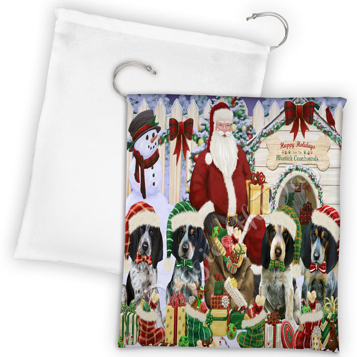 Happy Holidays Christmas Bluetick Coonhound Dogs House Gathering Drawstring Laundry or Gift Bag LGB48024